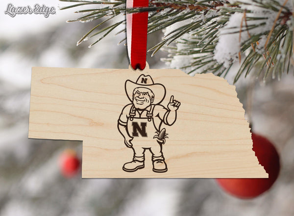 University of Nebraska Herbie on State Ornament - Crafted from Cherry or Maple Wood - Nebraska Huskers
