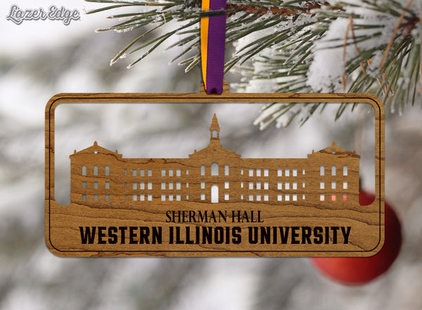Western Illinois University Sherman Hall Ornament – Crafted from Cherry and Maple Wood – Western Illinois Leathernecks