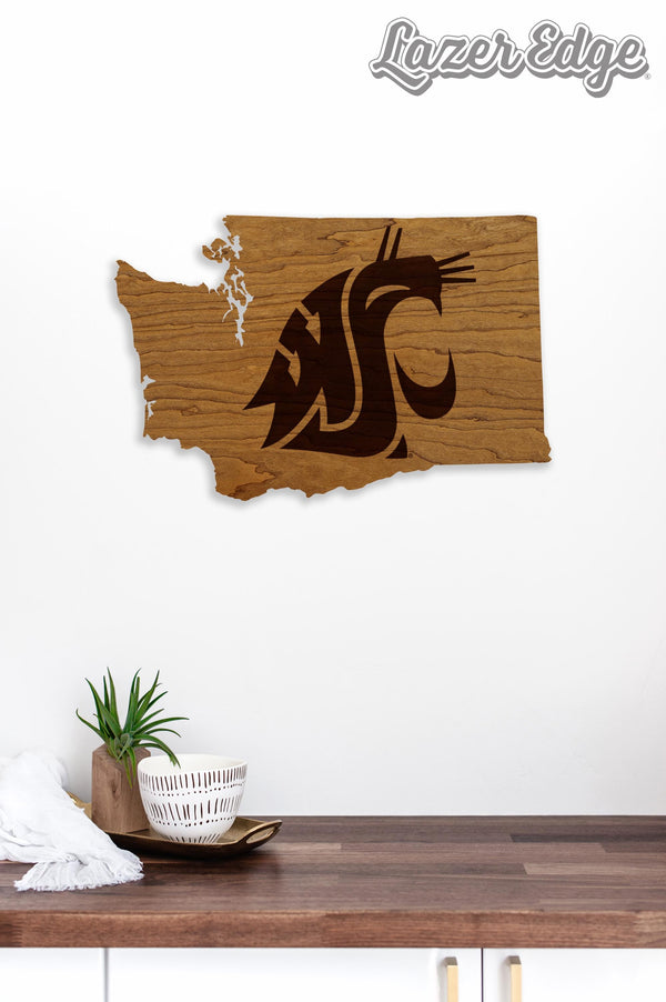 Washington State University Cougar on State Wall Hanging - Crafted from Cherry or Maple Wood - Washington State Cougars