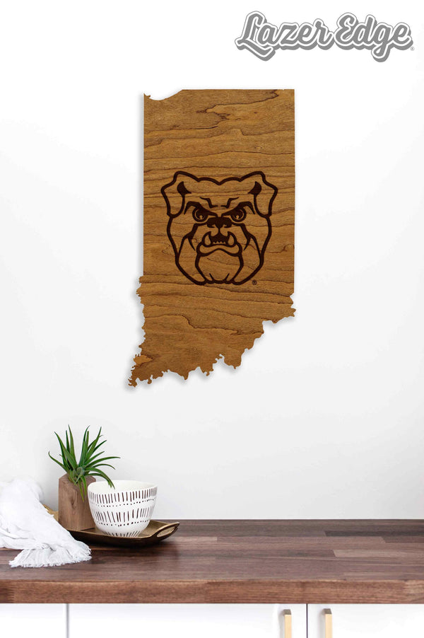 Butler University Bulldog on State Wall Hanging - Crafted from Cherry or Maple Wood - Butler Bulldogs