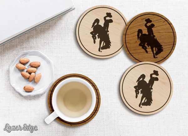 University of Wyoming Bucking Horse Coaster – Crafted from Cherry or Maple Wood – Wyoming Cowboys