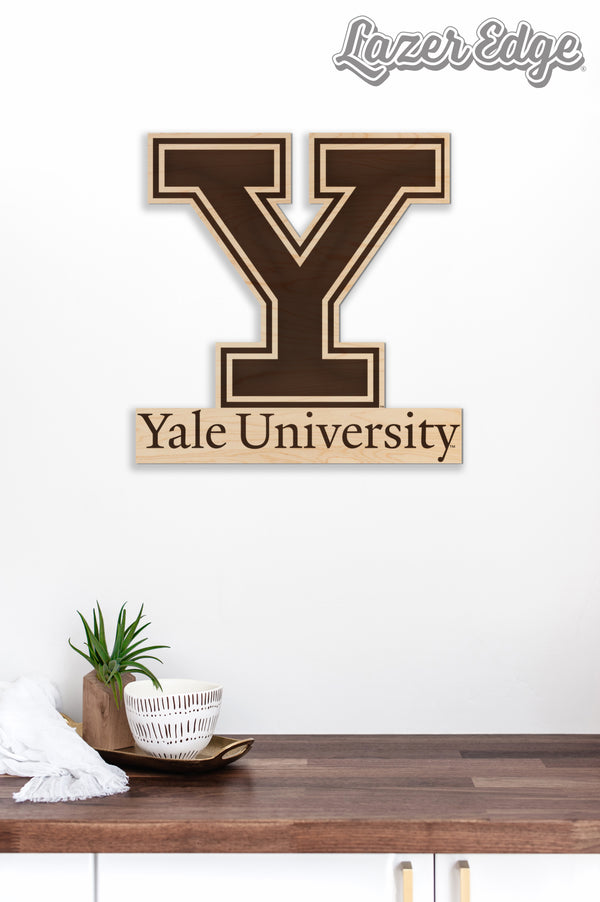 a wooden sign with the letter "Y" and the text "Yale University" hanging on a wall above a wooden countertop.