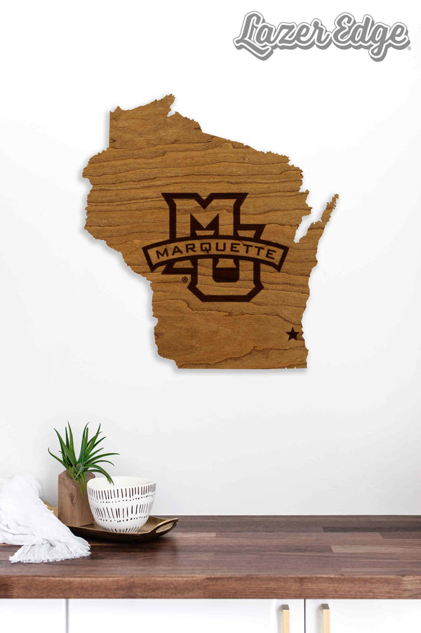 Marquette University Logo on State Wall Hanging - Crafted from Cherry or Maple Wood - Marquette Golden Eagles