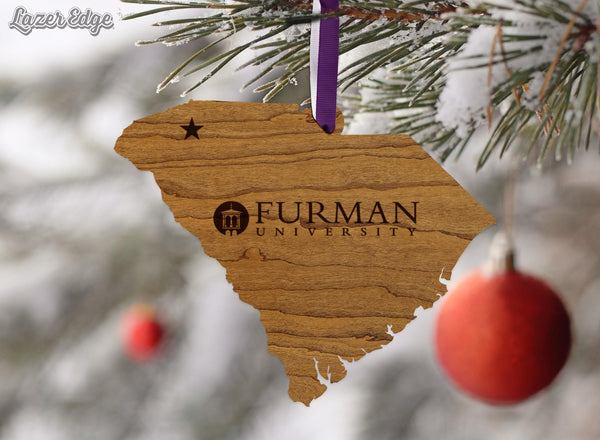 Furman University Wordmark on State Ornament – Crafted from Cherry Wood or Maple Wood - Furman Paladins
