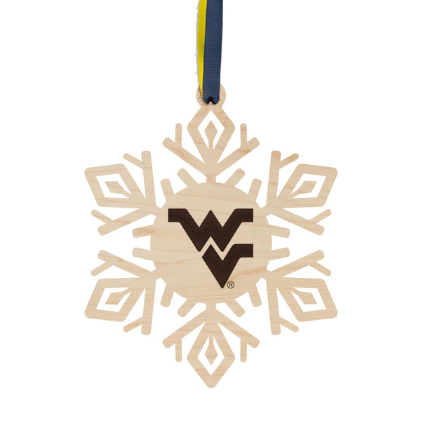 West Virginia University WV Snowflake Ornament – Crafted from Cherry and Maple Wood – West Virginia Mountaineers