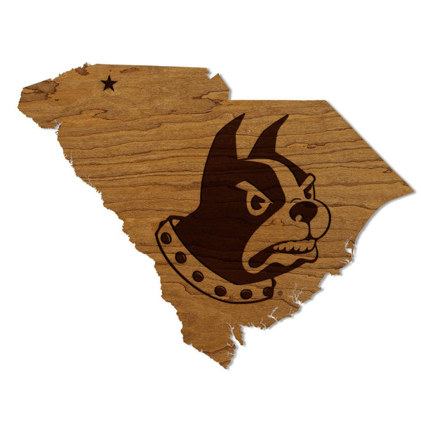Wofford College Terrier on State Wall Hanging - Crafted from Cherry or Maple Wood - Wofford College