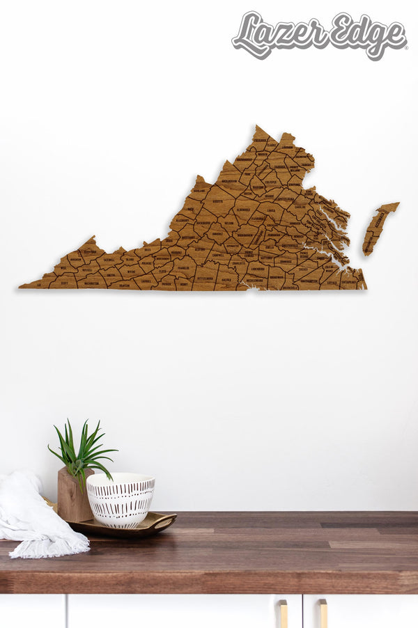 Virginia County Map Wall Hanging - Crafted from Cherry or Maple Wood