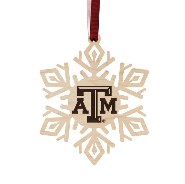 Texas A&M University TAM Snowflake Ornament – Crafted from Cherry and Maple Wood – Texas A and M Aggies