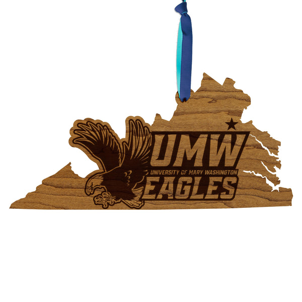 University of Mary Washington Logo on State Ornament – Crafted from Cherry and Maple Wood – UMW Eagles