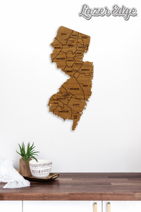 New Jersey County Map Wall Hanging - Crafted from Cherry or Maple Wood