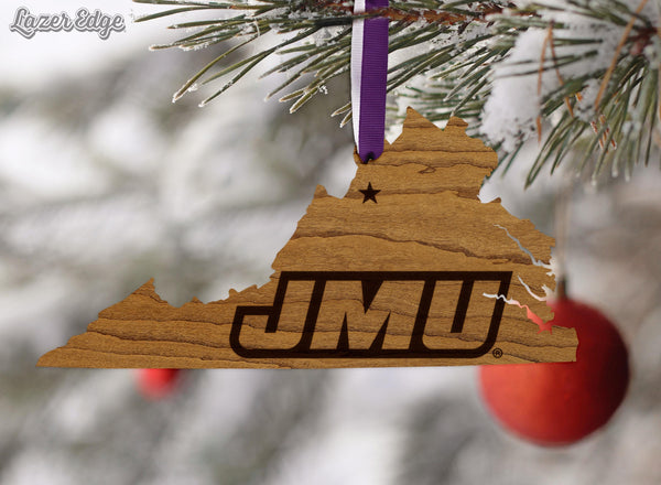 James Madison University JMU on State Ornament – Crafted from Cherry and Maple Wood – JMU Dukes