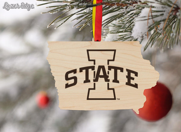 Iowa State University Logo on State Ornament – Crafted from Cherry and Maple Wood – Iowa State University