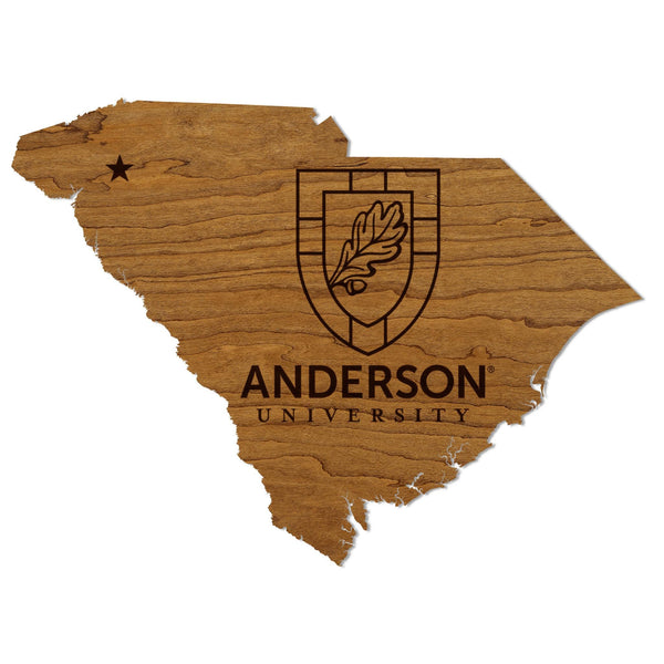 Anderson University Institution Mark on State Wall Hanging - Crafted from Cherry or Maple Wood - Anderson Trojans