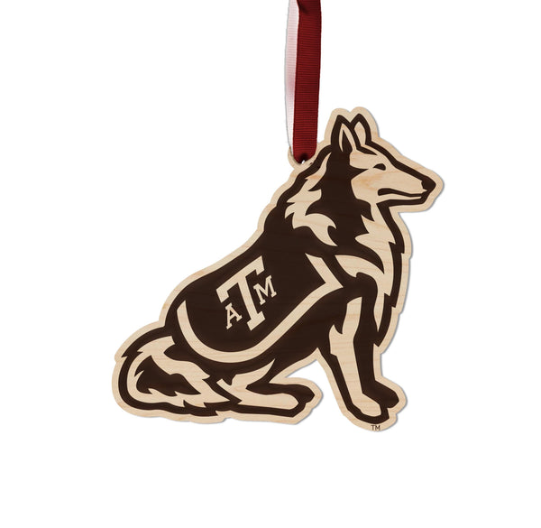 Texas A&M University Reveille Dog Ornament – Crafted from Cherry and Maple Wood – Texas A and M Aggies