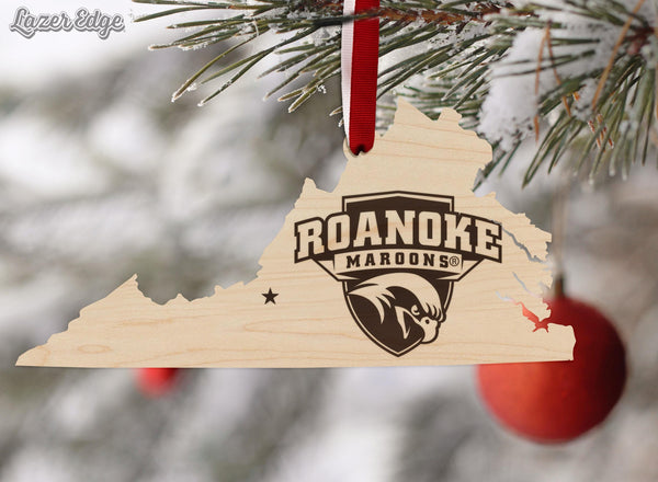 Roanoke College Maroons on State Ornament – Crafted from Cherry and Maple Wood – Roanoke Maroons
