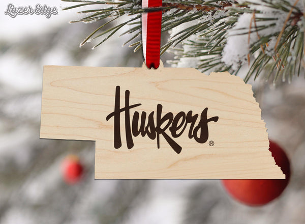 University of Nebraska Huskers on State Ornament - Crafted from Cherry or Maple Wood - Nebraska Huskers