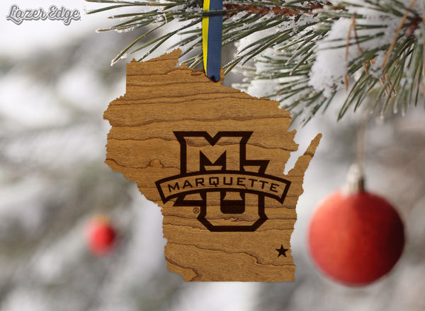 Marquette University Logo on State Ornament – Crafted from Cherry and Maple Wood – Marquette Golden Eagles