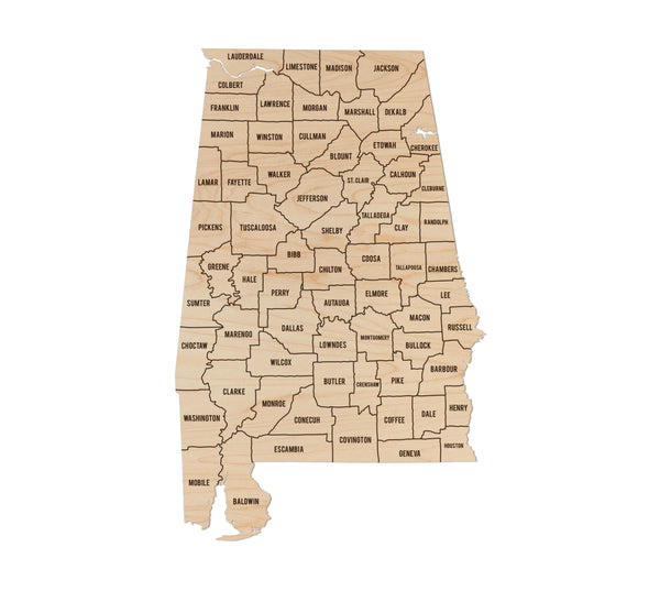 Alabama County Map Wall Hanging - Crafted from Cherry or Maple Wood