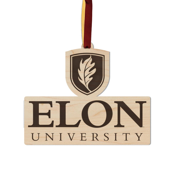 Elon University Signature Mark Ornament – Crafted from Cherry and Maple Wood – Elon Pheonix