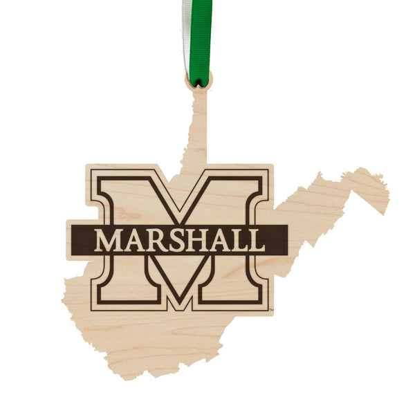 Marshall University Logo on State Ornament – Crafted from Cherry and Maple Wood – Marshall Bison