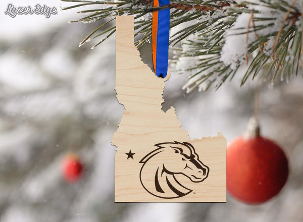 Boise State University Broncos on State Ornament – Crafted from Cherry and Maple Wood – Boise State Broncos