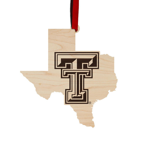 Texas Tech University Double T on State Ornament – Crafted from Cherry and Maple Wood – Texas Tech Red Raiders