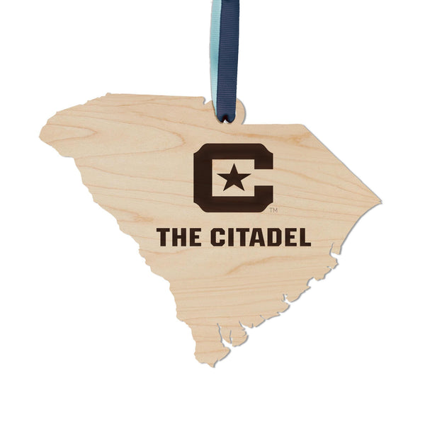 The Citadel Military College C and Star on State Ornament – Crafted from Cherry and Maple Wood – The Citadel Bulldogs