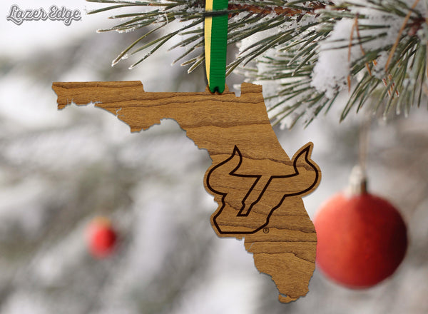 University of South Florida Bulls on State Ornament – Crafted from Cherry and Maple Wood – USF Bulls
