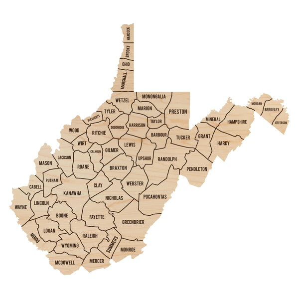 West Virginia County Map Wall Hanging - Crafted from Cherry or Maple Wood