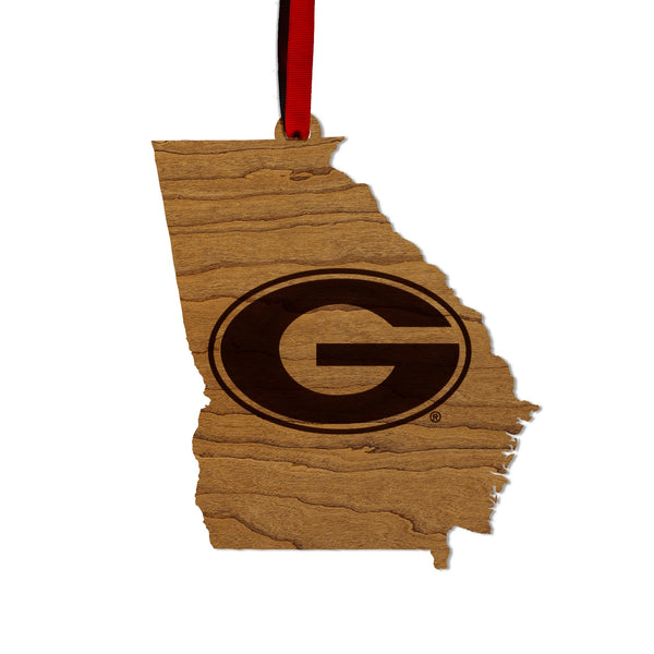 University of Georgia Athletic Logo on State Ornament - Crafted from Cherry or Maple Wood - Georgia Bulldogs
