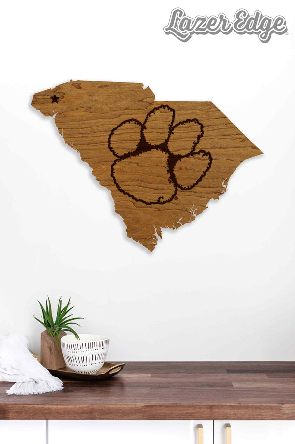 Clemson University Tiger Paw on State Wall Hanging - Crafted from Cherry or Maple Wood - Clemson Tigers