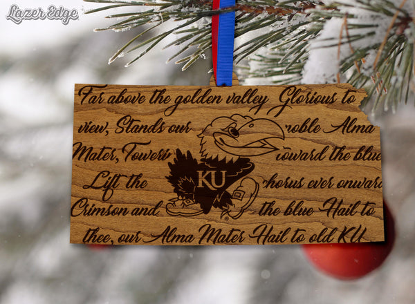 Kansas University Fight Song on State Ornament – Crafted from Cherry and Maple Wood – Kansas Jayhawks