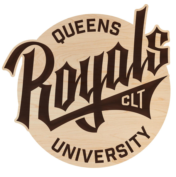 Queens University of Charlotte Royals Wordmark Wall Hanging - Crafted from Cherry and Maple Wood - Queens Royals