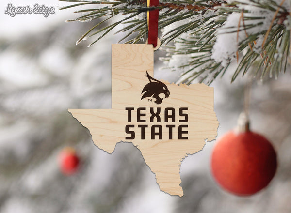 Texas State University Bobcats on State Ornament – Crafted from Cherry and Maple Wood – Texas State Bobcats