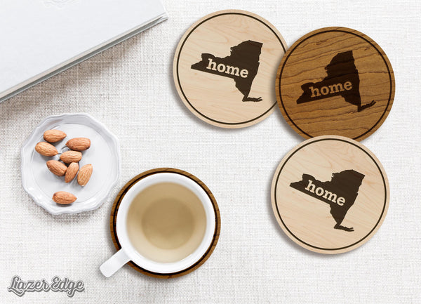 New York Home State Map Coaster - Crafted from Cherry or Maple Wood