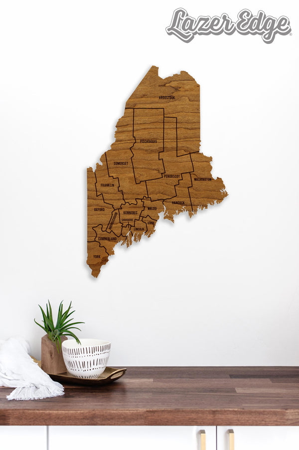 Maine County Map Wall Hanging - Crafted from Cherry or Maple Wood