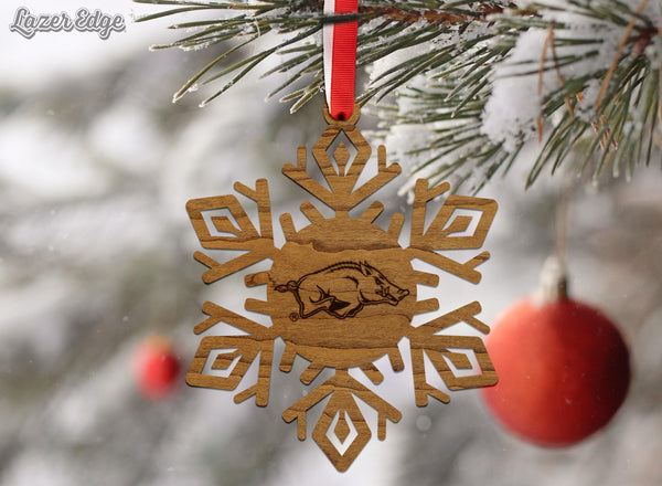 University of Arkansas Razorbacks Snowflake Ornament – Crafted from Cherry and Maple Wood - Arkansas Razorbacks