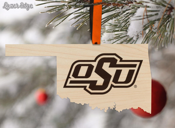 Oklahoma State OSU on State Ornament – Crafted from Cherry and Maple Wood – OSU Cowboys