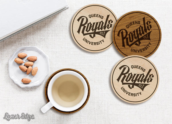 Queens University of Charlotte Royals Wordmark Coaster - Crafted from Cherry or Maple Wood - Queens Royals