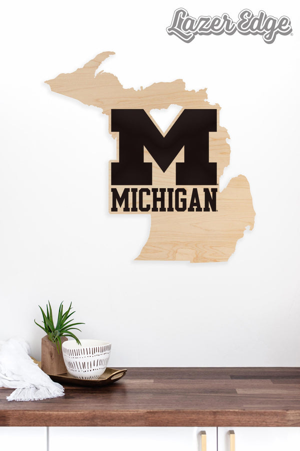 University of Michigan on State Wall Hanging - Crafted from Cherry or Maple Wood