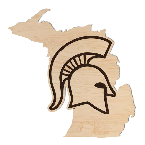 Michigan State University Spartan on State Wall Hanging - Crafted from Cherry or Maple Wood - Michigan State Spartans