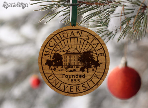 Michigan State University Seal Ornament – Crafted from Cherry and Maple Wood – Michigan State Spartans