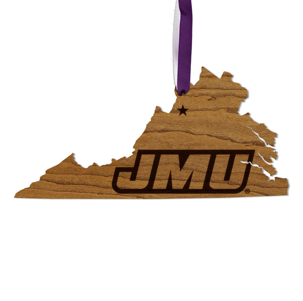 James Madison University JMU on State Ornament – Crafted from Cherry and Maple Wood – JMU Dukes