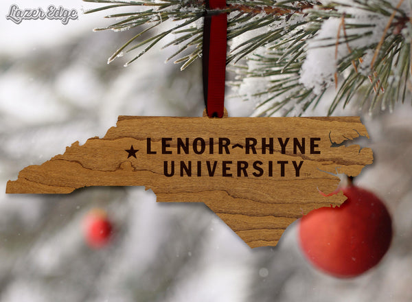 Lenoir-Rhyne University Wordmark on State Ornament – Crafted from Cherry and Maple Wood – Lenoir-Rhyne Bears