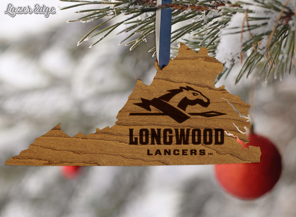 Longwood University Lancers on State Ornament – Crafted from Cherry and Maple Wood – Longwood Lancers