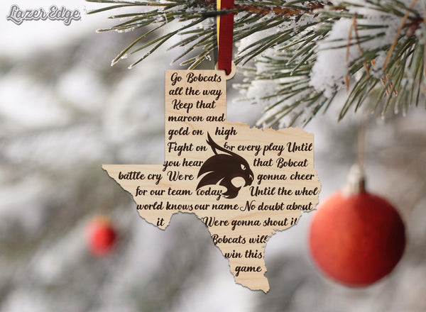 Texas State University Fight Song Ornament – Crafted from Cherry and Maple Wood – Texas State Bobcats