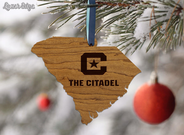 The Citadel Military College C and Star on State Ornament – Crafted from Cherry and Maple Wood – The Citadel Bulldogs