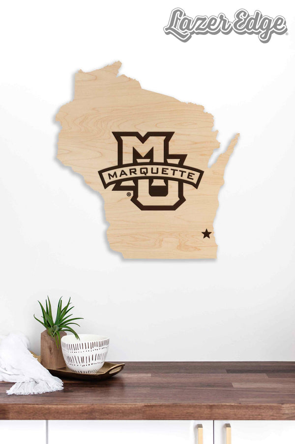 Marquette University Logo on State Wall Hanging - Crafted from Cherry or Maple Wood - Marquette Golden Eagles