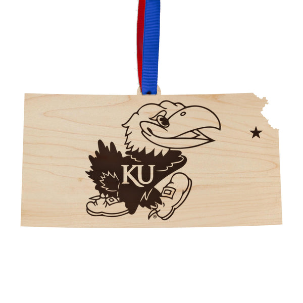 Kansas University Jayhawks on State Ornament – Crafted from Cherry and Maple Wood – Kansas Jayhawks
