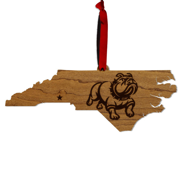 Gardner Webb University Bulldog on State Ornament – Crafted from Cherry Wood – Gardner Webb Bulldogs